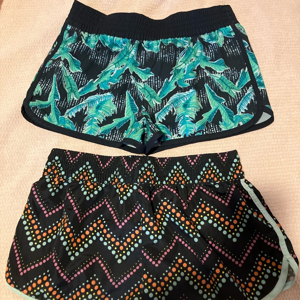 Bundle of 2 Board Shorts - Black with Green Leaf and Multicolor Zigzag Patterns
